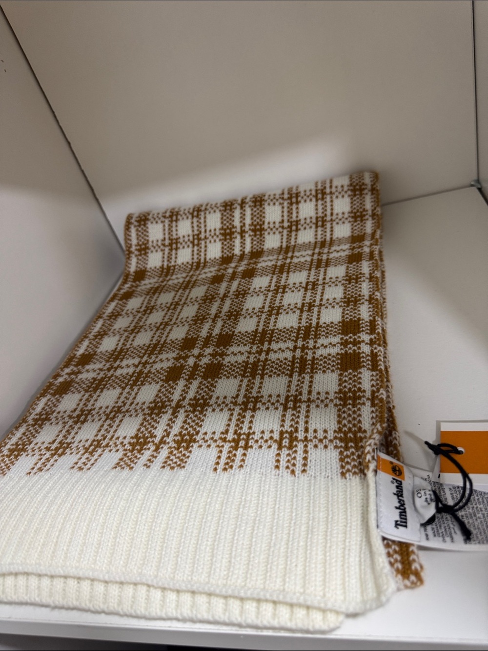 Timberland Cream and Tan Plaid Knit Scarf
